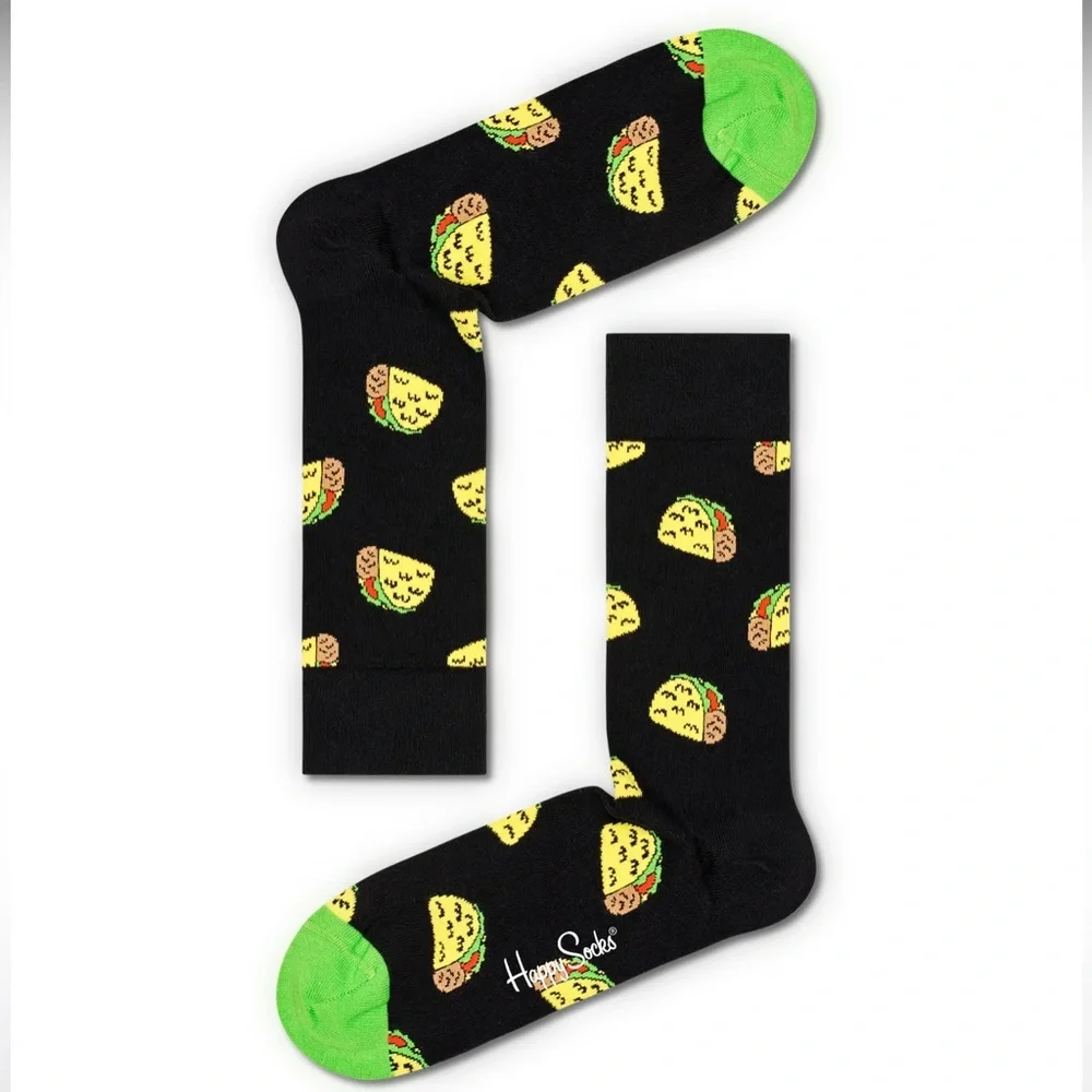 HAPPY SOCKS MENS COMBED COTTON CREW SOCKS TACO TO GO TACO PRINT BLACK OS NWT